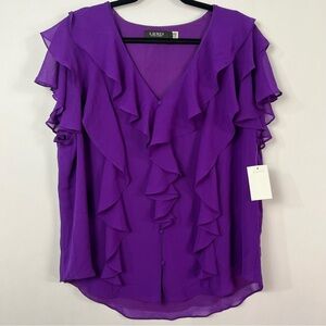 2/$30 Lauren Ralph Lauren black label Purple Ruffle Short Sleeve Blouse XL NWT